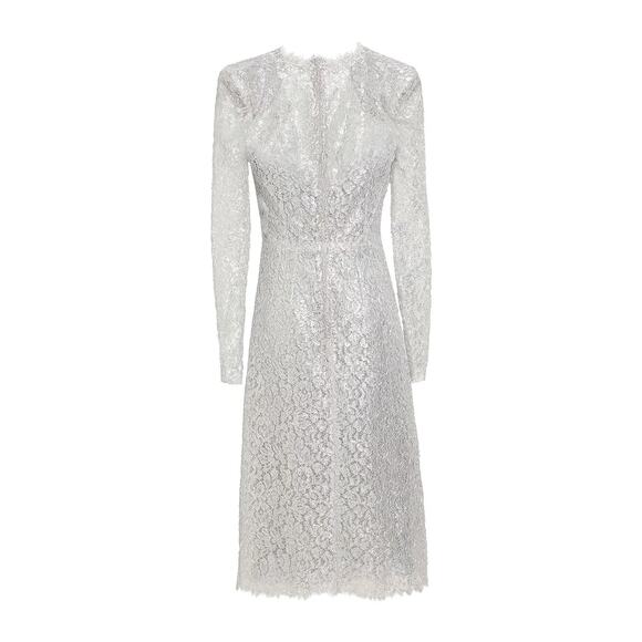 NWT DOLCE & GABBANA Cordonetto Lace Midi Dress Long Sleeves Silver 40 S - Picture 4 of 10